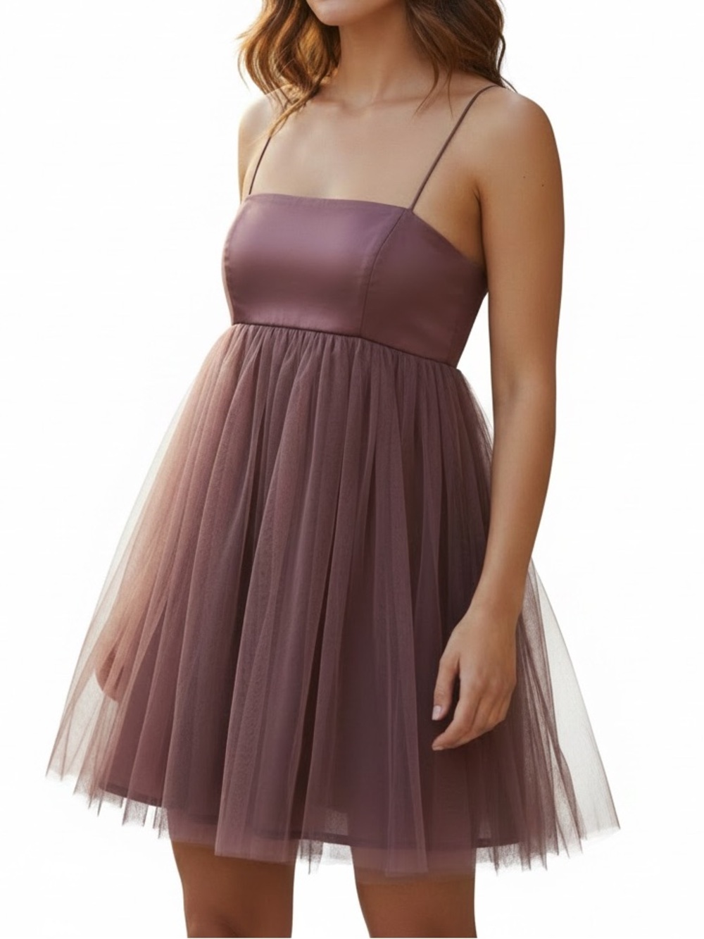 Women’s Mauve Tulle Party Dress - Elegant Spaghetti Strap